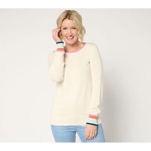 SUNNYLiFE Women's Top Plus Sz Sweater 1X Preppy Rainbow Cuff White A676940